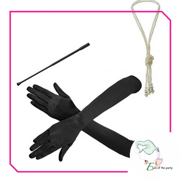 Roaring 1920's Great Gatsby Flapper Costume Accessories - Necklace, Gloves, Cigarette Holder