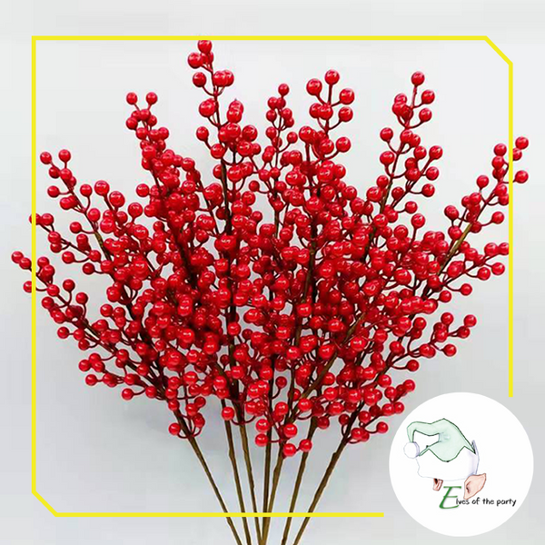 Artificial Flowers : Red Holly Berry Stems and Gold Leaves