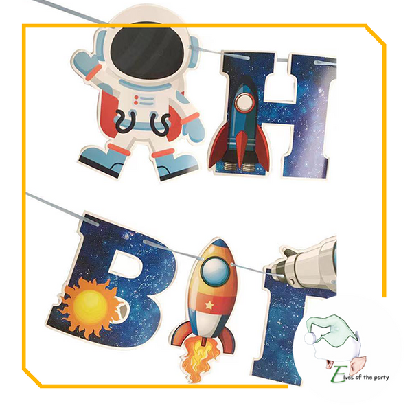 Outer Space : Astronaut, Space Rocket, Jet Plane, Star Foil Balloons, Birthday Banner and Cake Topper