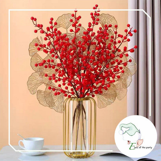 Artificial Flowers : Red Holly Berry Stems and Gold Leaves