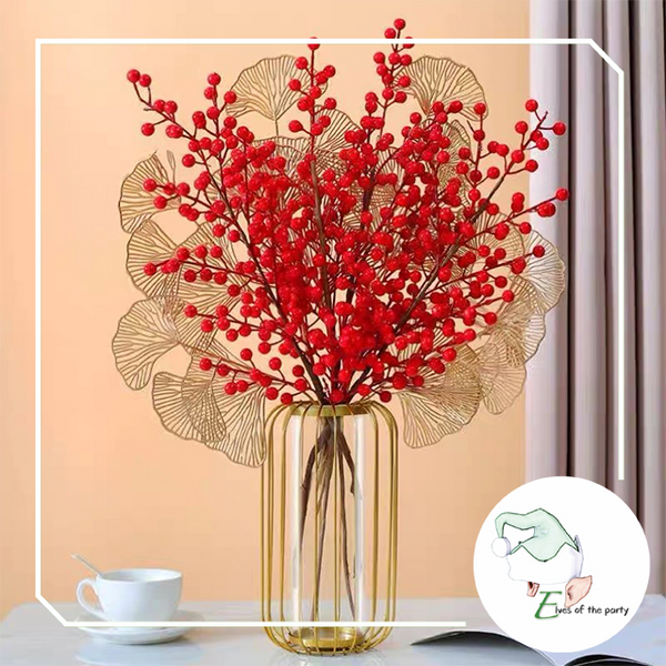 Artificial Flowers : Red Holly Berry Stems and Gold Leaves