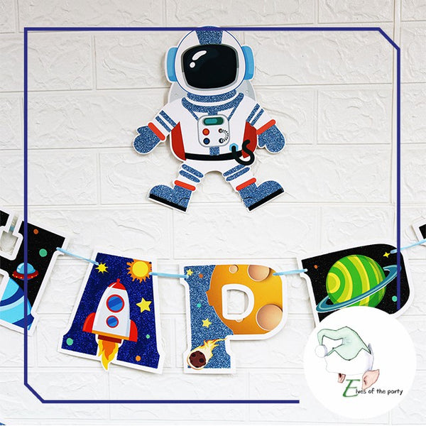 Outer Space : Astronaut, Space Rocket, Jet Plane, Star Foil Balloons, Birthday Banner and Cake Topper