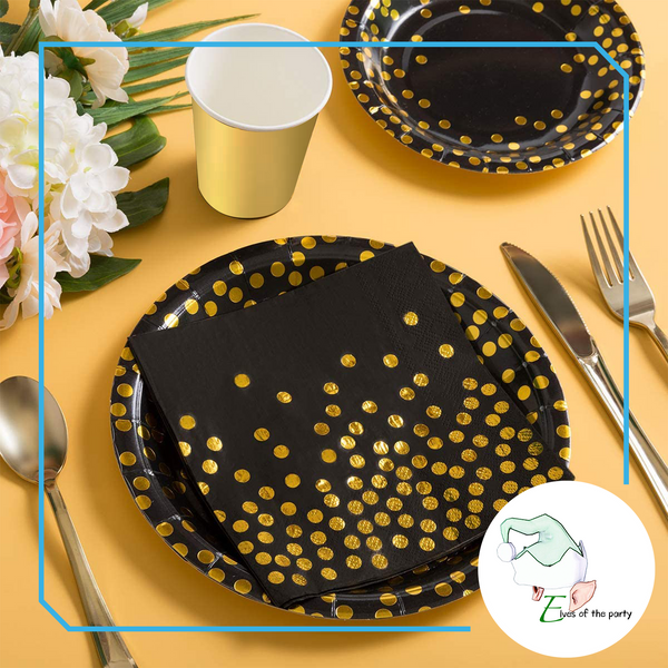 Partyware : Black+Gold / White+Gold Polka Dots Paper Plates and Gold Cups