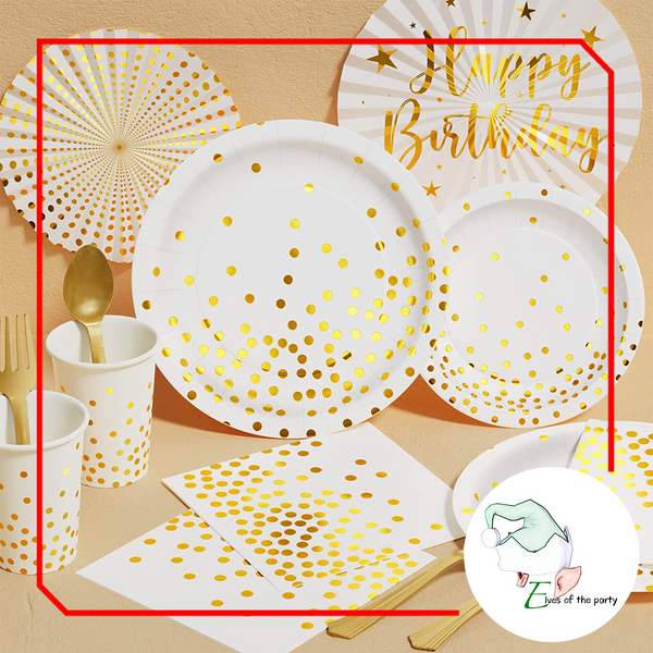 Partyware : Black+Gold / White+Gold Polka Dots Paper Plates and Gold Cups