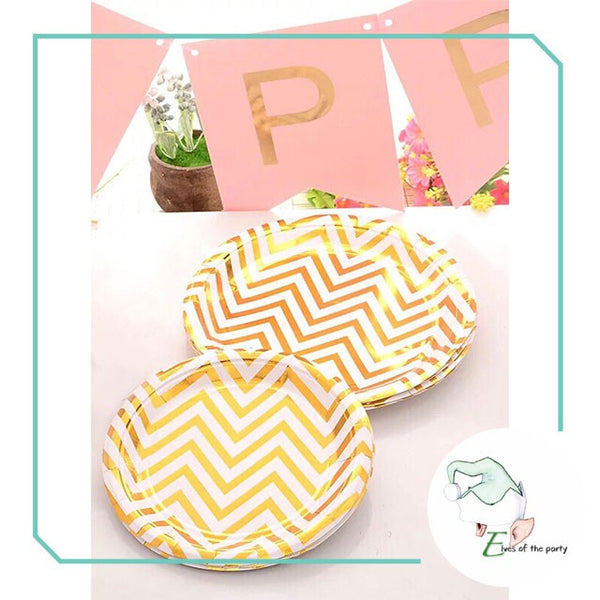 Gold / Silver Chevron Disposable Paper Plates and Cups