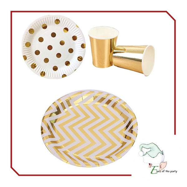 Gold / Silver Chevron Disposable Paper Plates and Cups